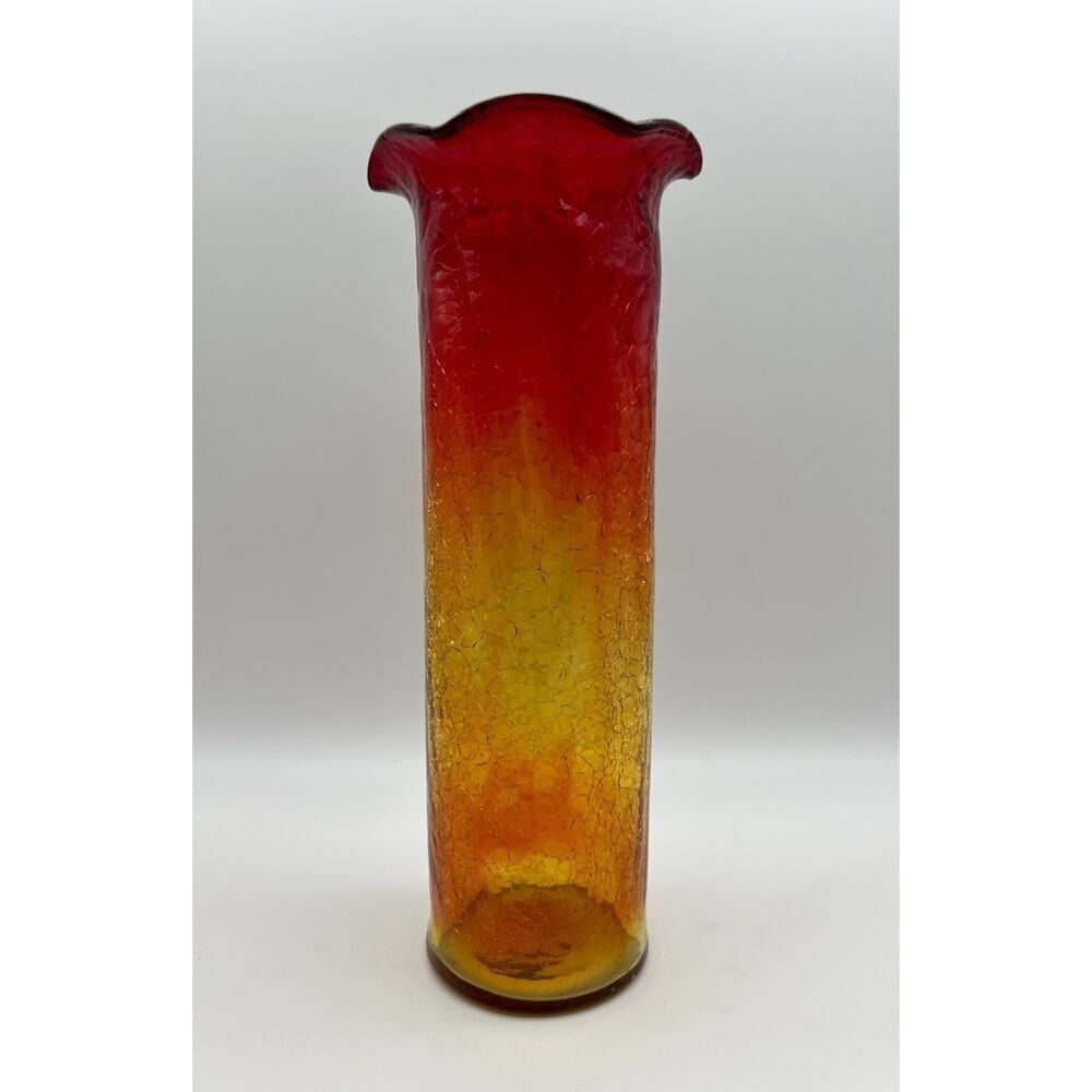 Blenko or Kanawha Amberina Crackle Glass Vase with Ruffled Fluted Edge 11”